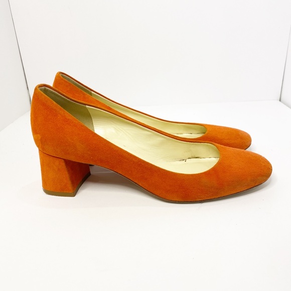 orange suede block heels
